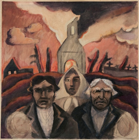 Jāzeps Grosvalds. Bēgļi. Papīrs, akvarelis, tempera. 41,8x41,5 cm. Ap 1915-1916